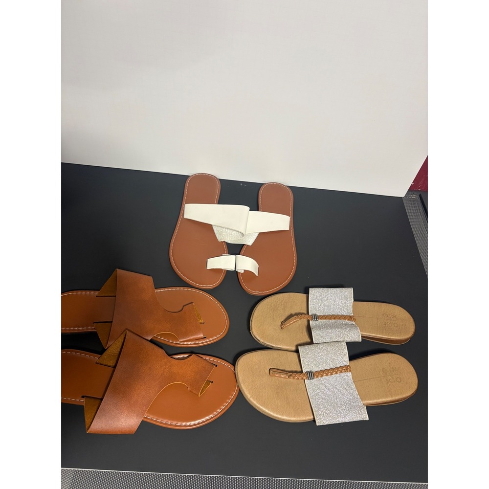 Womens Flat Sandal Bundle XOXO Silver Glitter Brown Leather White Slides 3pk